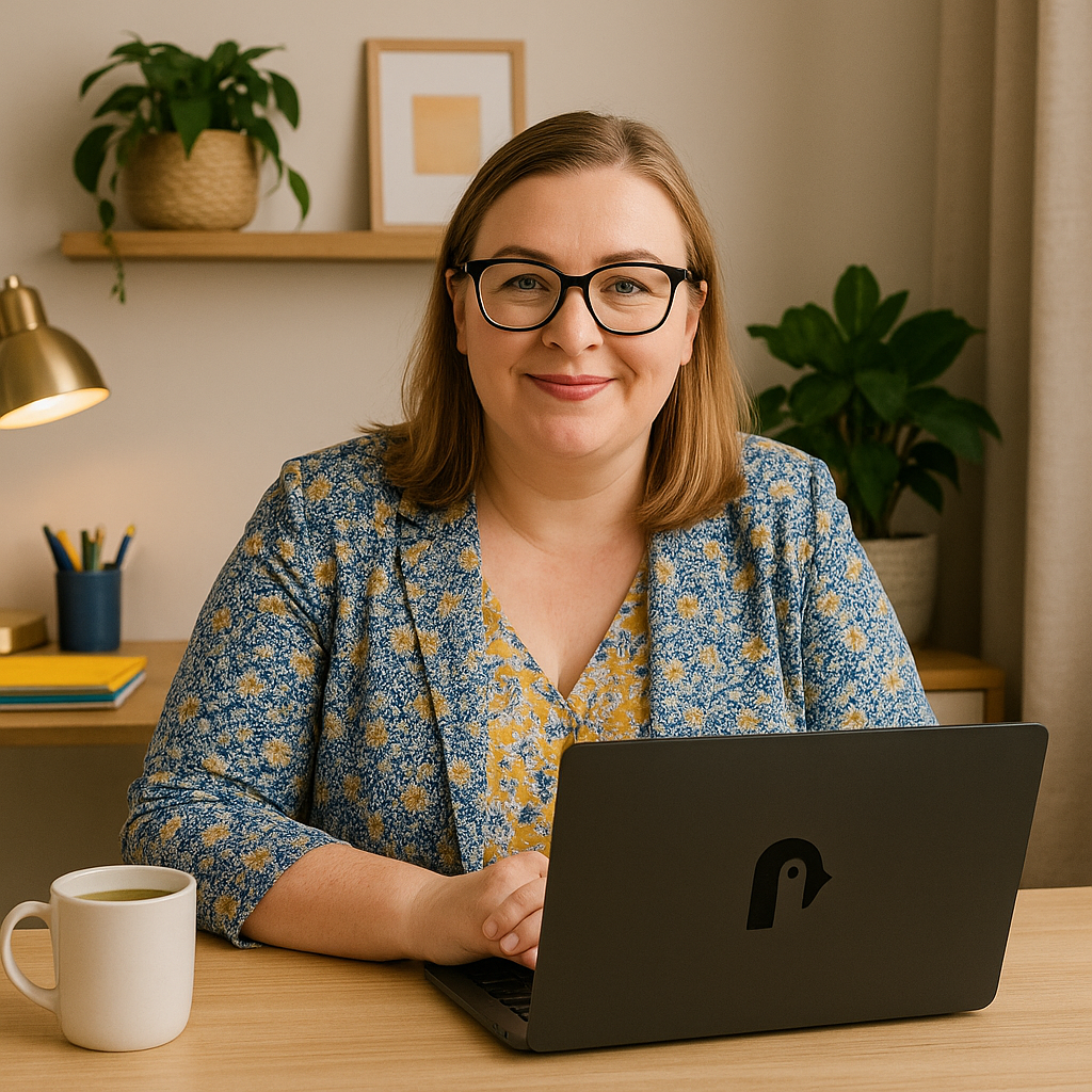 ChatGPT Image Dec 1, 2025, 02_24_01 PM Professional headshot of the founder, Hannah with blonde hair and glasses wearing a brown coat and patterned scarf, smiling at camera with a lake and countryside landscape in the background